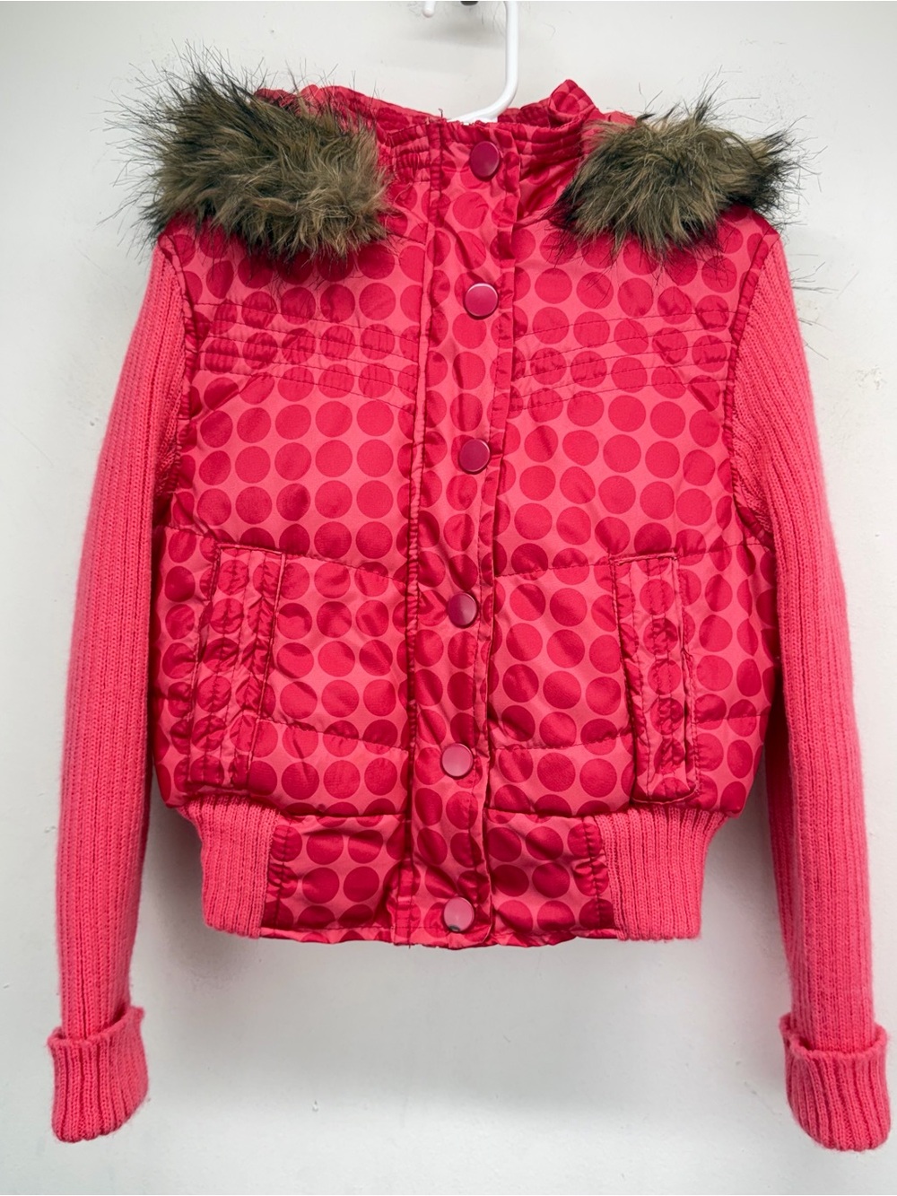 Dollhouse size Medium (5-6) Girls Pink Polka Dot Faux Fur Trim Hood Coat
